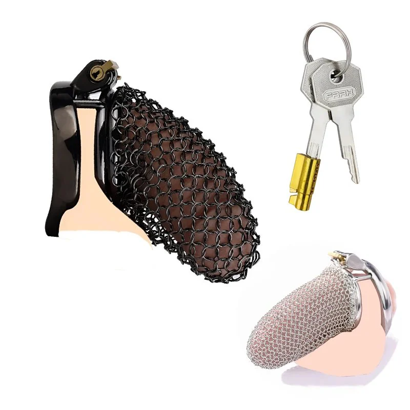 Black Color Chastity Cages for Men Sissy Cock Cages Chainmail Stainless Steel Metal Mesh Chastity Cage Toys