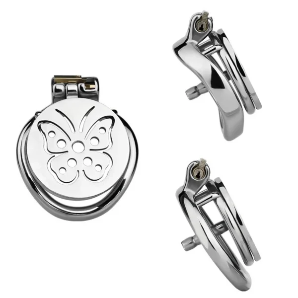 FRRK Stainless Steel Male Penis Cage with Built-in Flat Restraint Chastity Lock Featuring Butterfly-Shaped Catheter Design