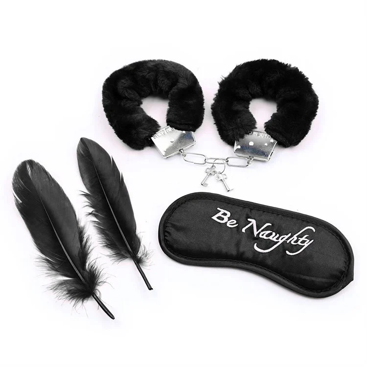 3PCS Bondage Set Feather Tickler Sex Toys Plush Handcuffs Eye Mask