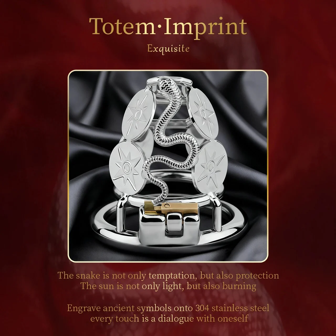 Mysterious Serpent-Themed Stainless Steel Male Penis Chastity Cage a Comfortable and Breathable Male Restraint Sex Toy