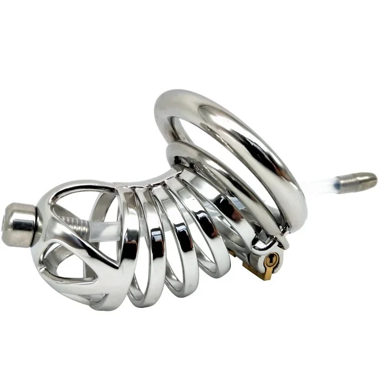 Male Chastity Cage Device with Anti-slip Ring and Silicone Catheter Skin-friendly Cock Cage Sex Toy