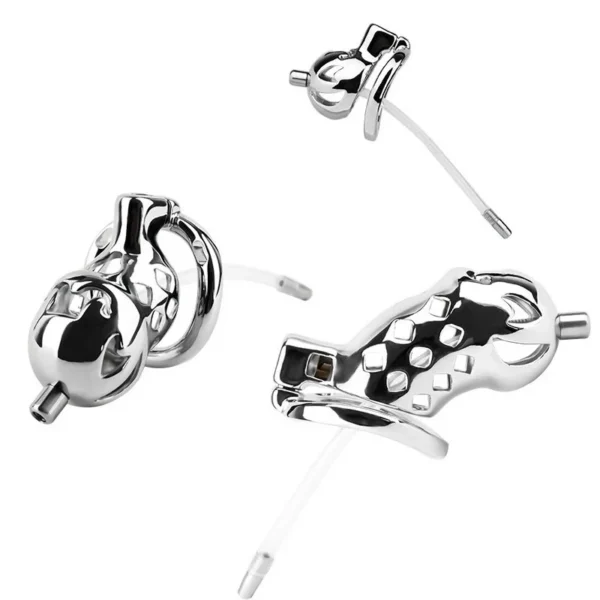 Male Stainless Steel Chastity Cage Restraint Toy with Catheterized Penis Lock Three Sizes Available
