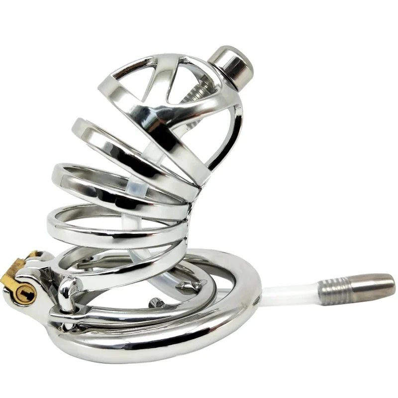 Male Chastity Cage Device with Anti-slip Ring and Silicone Catheter Skin-friendly Cock Cage Sex Toy