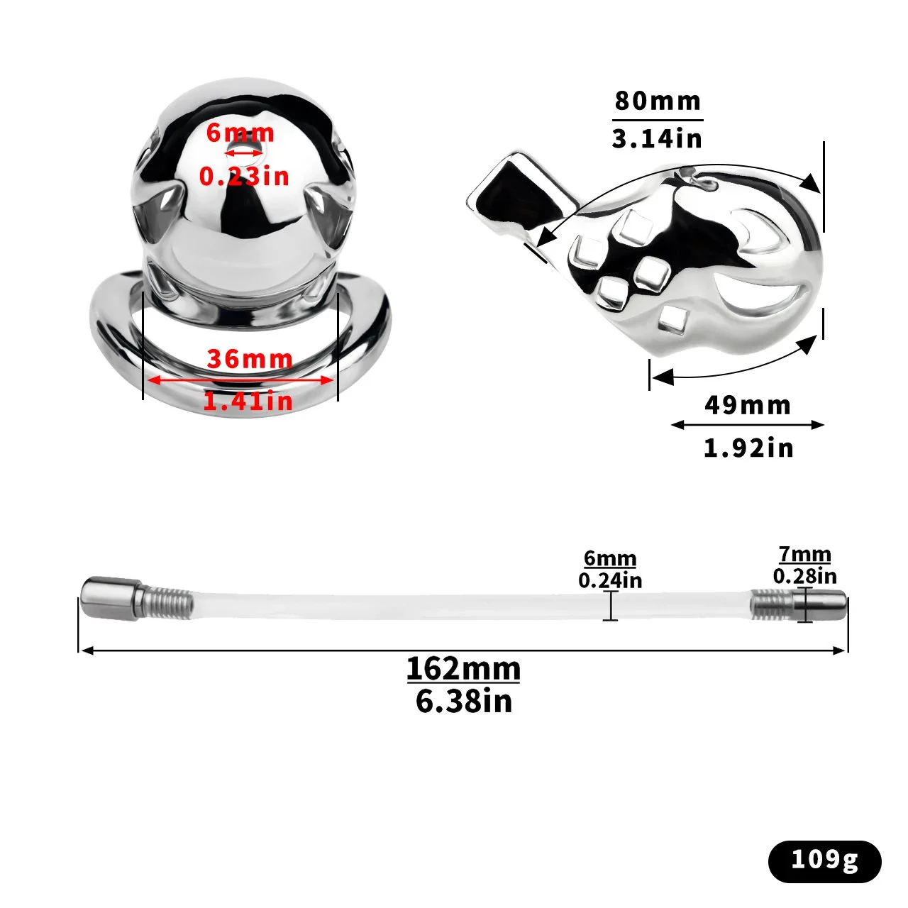 Male Stainless Steel Chastity Cage Restraint Toy with Catheterized Penis Lock Three Sizes Available