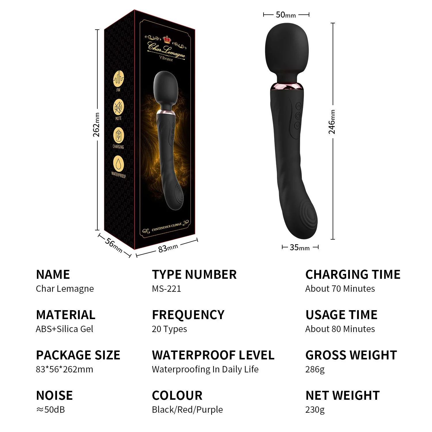 Rechargeable AV Wand Vibrator Massager 10 Speed Double Motors Sex Vibrator