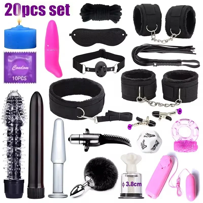47PCS Sex Bondage Kits Handcuffs Nipple Clamps Whip Spanking Anal Plug Vibrator Butt SM Product Sex Toys for Women Men