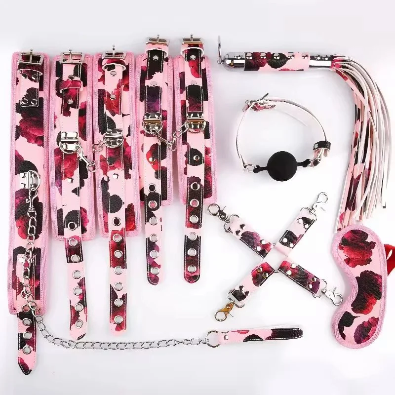 8-Piece Leopard Bondage Suit with PU Leather Handcuffs Adult Sex Toys for Women's Pleasure