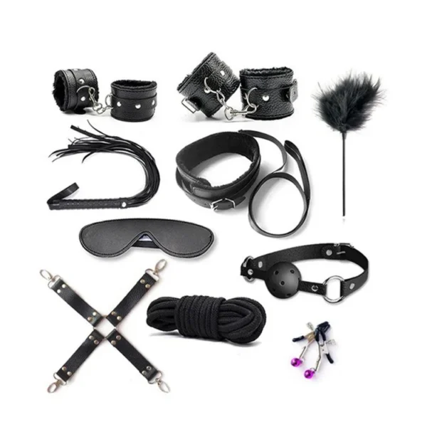 Sexy Whip Handcuffs Rope Nipple Calmps Gag Ball PU Leather Soft Sex Game Restraint 10 PCS Bondage Kit