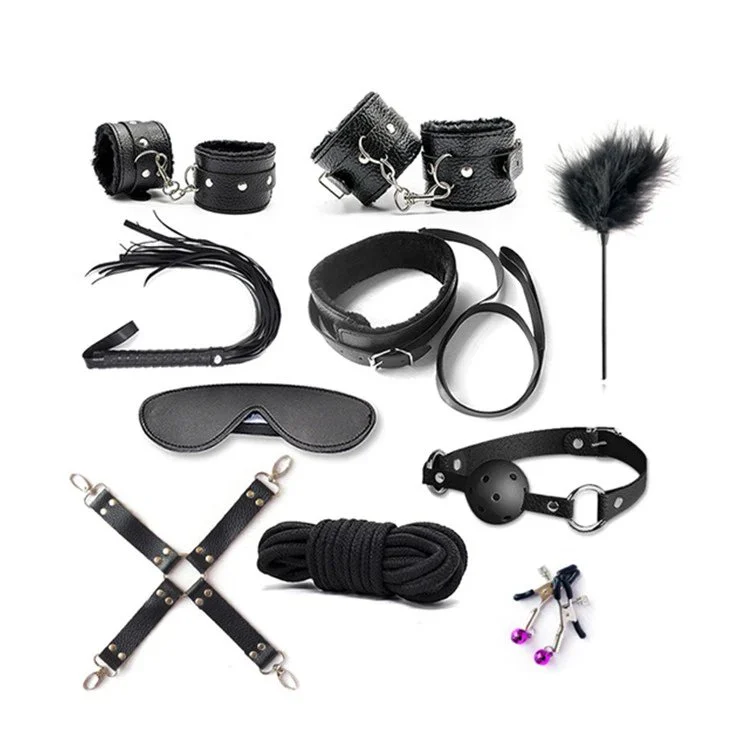 Sexy Whip Handcuffs Rope Nipple Calmps Gag Ball PU Leather Soft Sex Game Restraint 10 PCS Bondage Kit