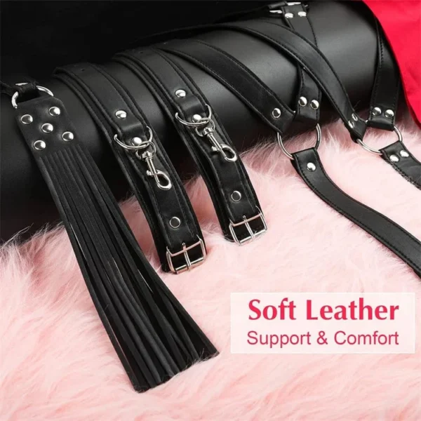 Silk Satin Blindfold Sexy Whip Eye Mask Set Leather Neck Collar Handcuff Bondage Sex Toys for Couple
