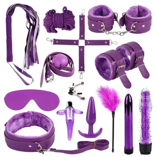 14 Pcs kit Leather Bondage Kit Sm Slave Passion Fetish Bed Restraints Handcuffs Gag Whip Collar Sex Bondage Set Gay