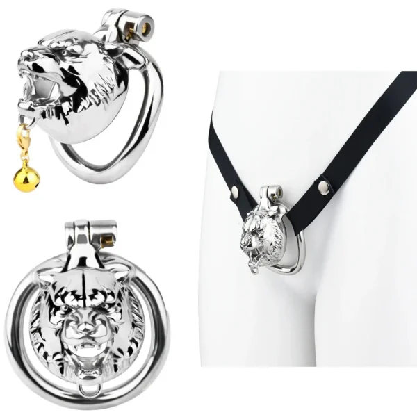 Tiger Head Male Chastity Cage, Silver Metal Cock Cage for Adult BDSM Play