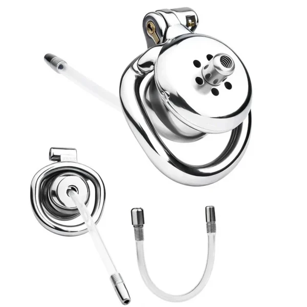 Latest Flat Negative Chastity Lock with Silicone Catheter 279g 100%waterproof Cock Cage 304 Stainless Steell Chastity Cage