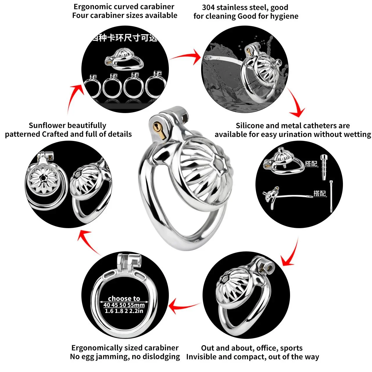 Mini Sunflower Male Chastity Cage with Curved Penis Ring Metal Catheter Silicone Catheter Strap on Chastity Couples Toys
