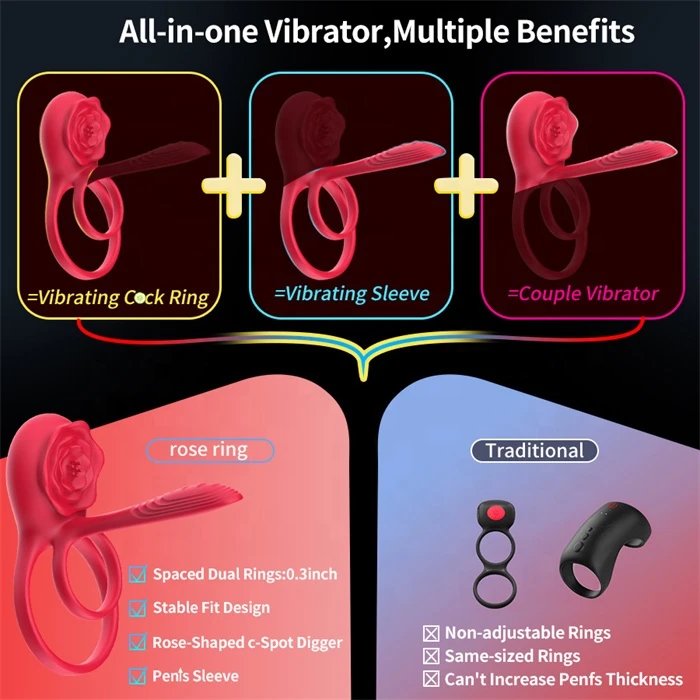 Design Couple Sex Toys 4 in 1 Vibrating Cock Ring Penis Sleeve with Rose Clitoris Stimulating