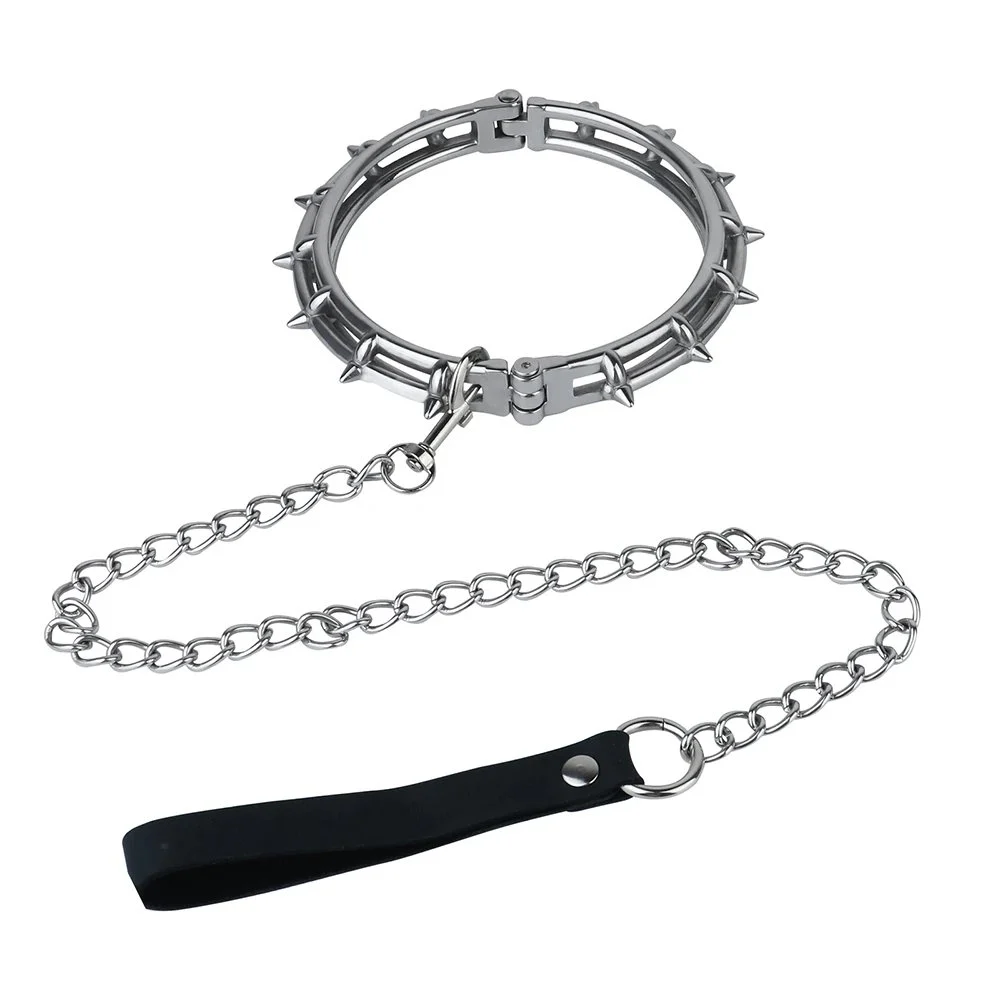 Silver Metal Necklace Collar for Men and Women Cool Punk Gothic Style Spiked Men & Women Training Chain Sex Toy Game PU Leather