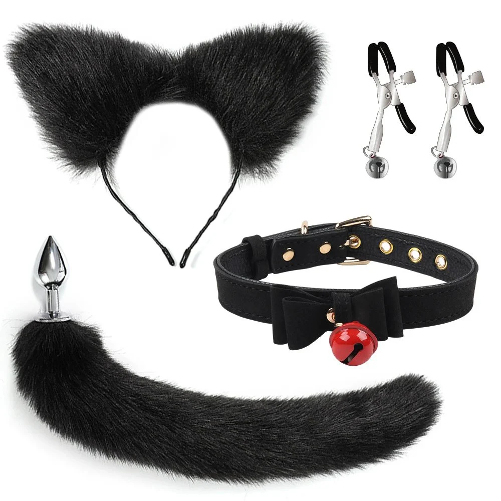 Adult sex fox tail anal plug flirtatious plush set bell collar love fun item