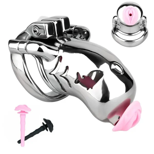 Sissy Male Chastity Cage with Anti-Fall Off Ring Heavy Duty Metal Cock Cage with Silicone Urethral Plug Sex Toys for Men