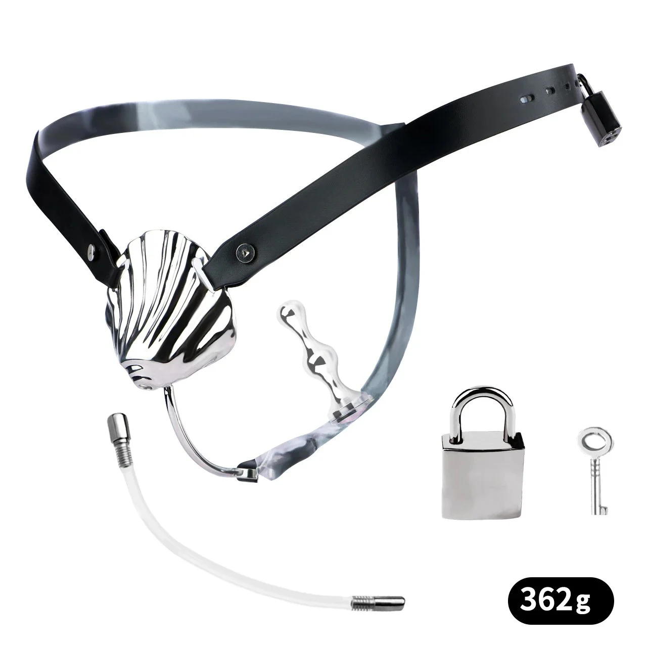 Male Penis Chastity Cage Wearable Metal Penis Restraint Lock with Urinary Catheter and Stainless Steel Anal Plug Suitable