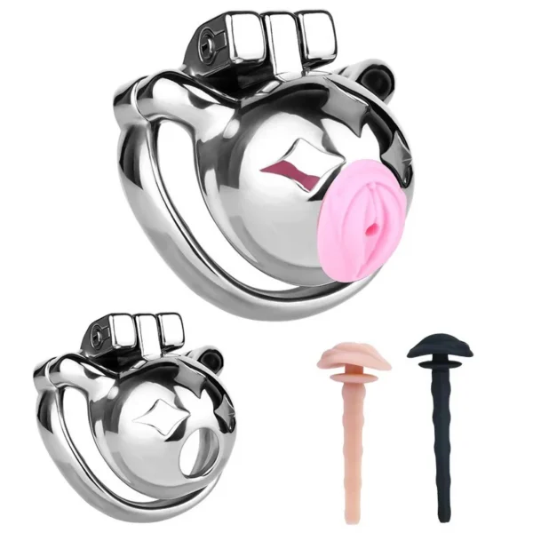 Stainless Steel Male Chastity Lock with Wearable Catheter, Realistic Sensation Penis Cage for BDSM Play
