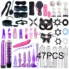 47PCS Sex Bondage Kits Handcuffs Nipple Clamps Whip Spanking Anal Plug Vibrator Butt SM Product Sex Toys for Women Men