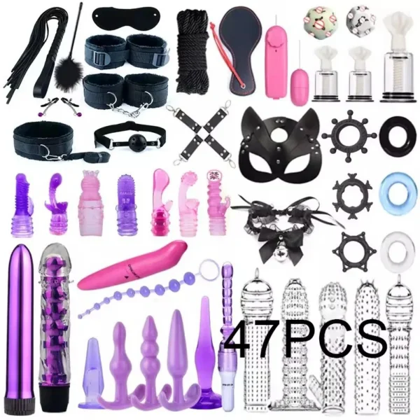 47PCS Sex Bondage Kits Handcuffs Nipple Clamps Whip Spanking Anal Plug Vibrator Butt SM Product Sex Toys for Women Men