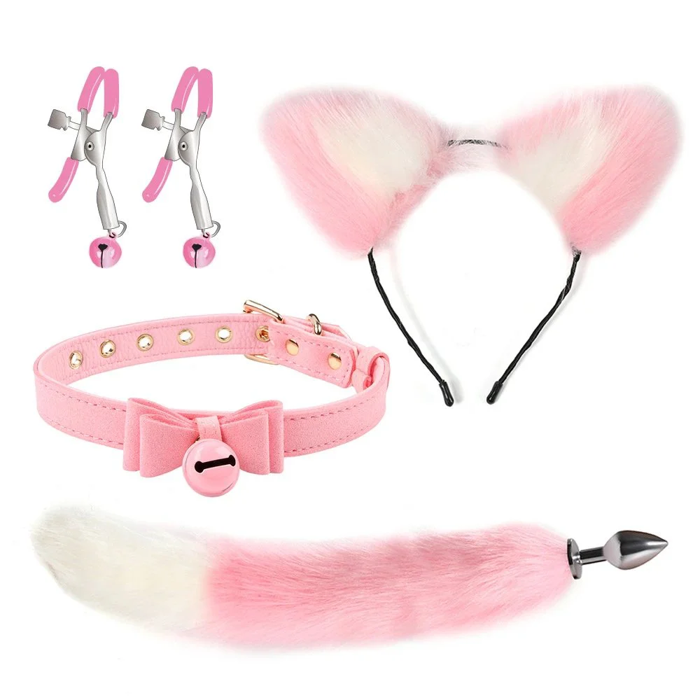 Adult sex fox tail anal plug flirtatious plush set bell collar love fun item