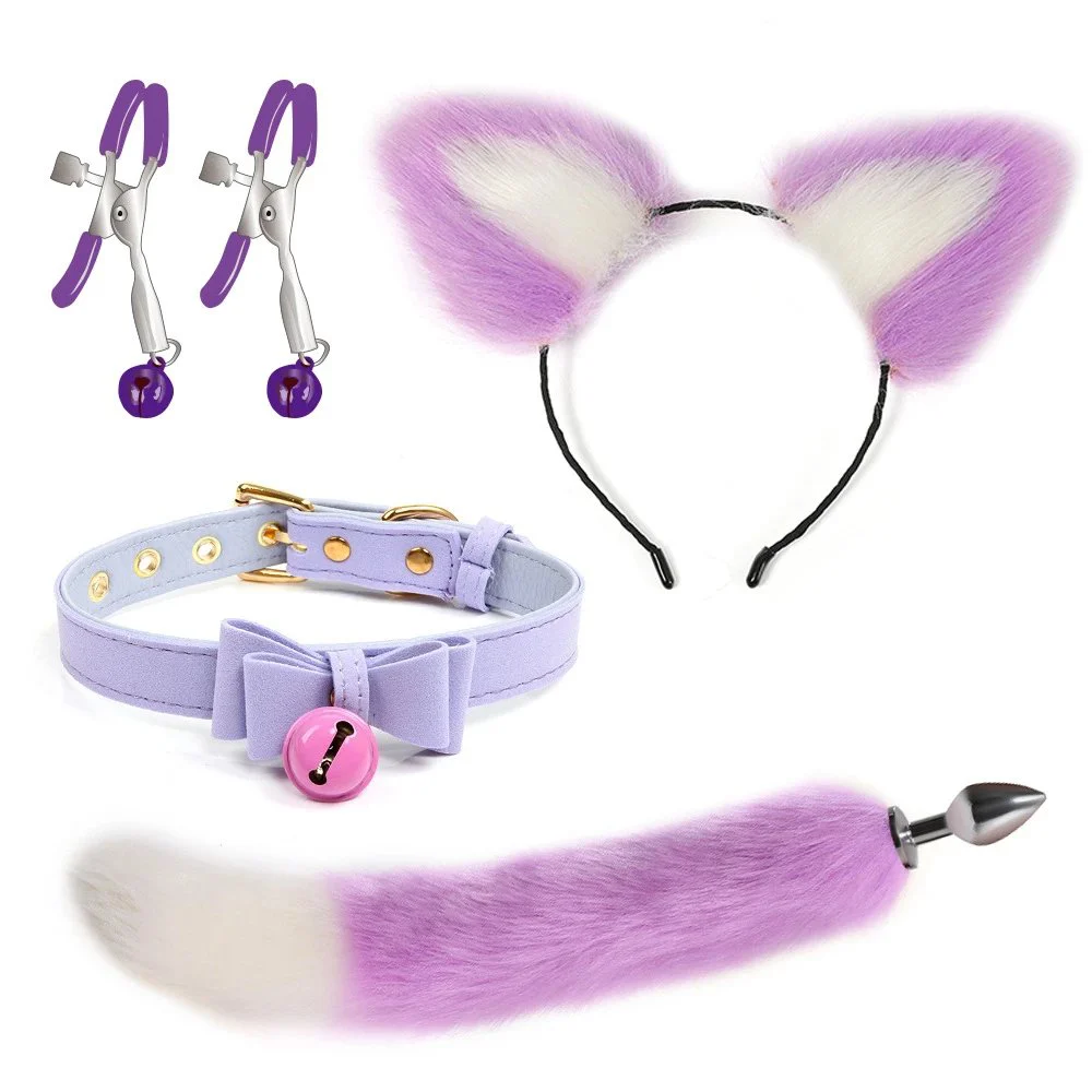 Adult sex fox tail anal plug flirtatious plush set bell collar love fun item
