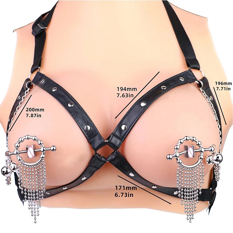 2 in 1 Bondage Set Weighted Nipple Clamps ,Nipple Clamps Harness Breast, Leather Cupless Bra Restraint Sex Toys Women