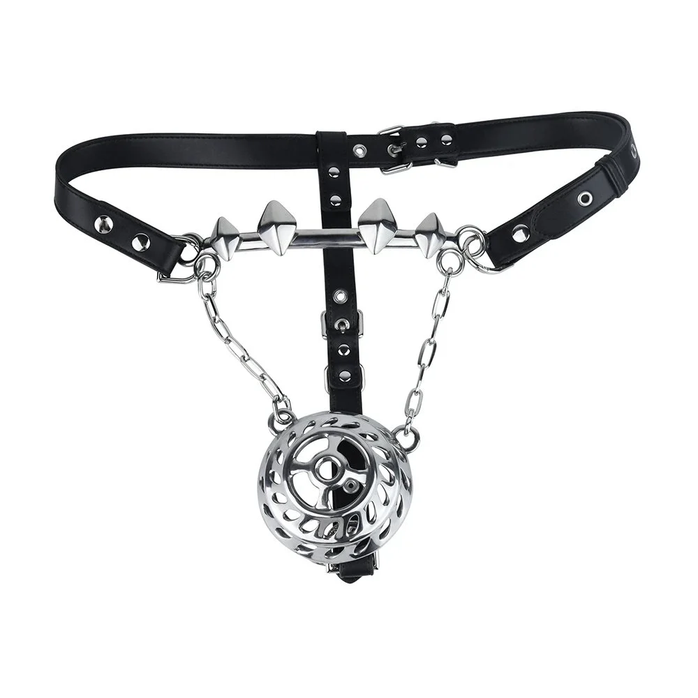 Adjustable Metal Chain and Leather Steel Dome Male Penis Bondage Sex Toys Heavy Metal Chastity Cages for Adult Games Cosplay