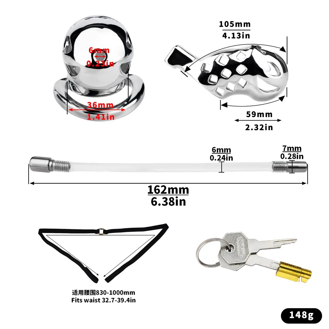 Wearable Male Chastity Device with Catheter Port Steel Construction Suitable for BDSM Male Restraint Convenient to Adult Toy