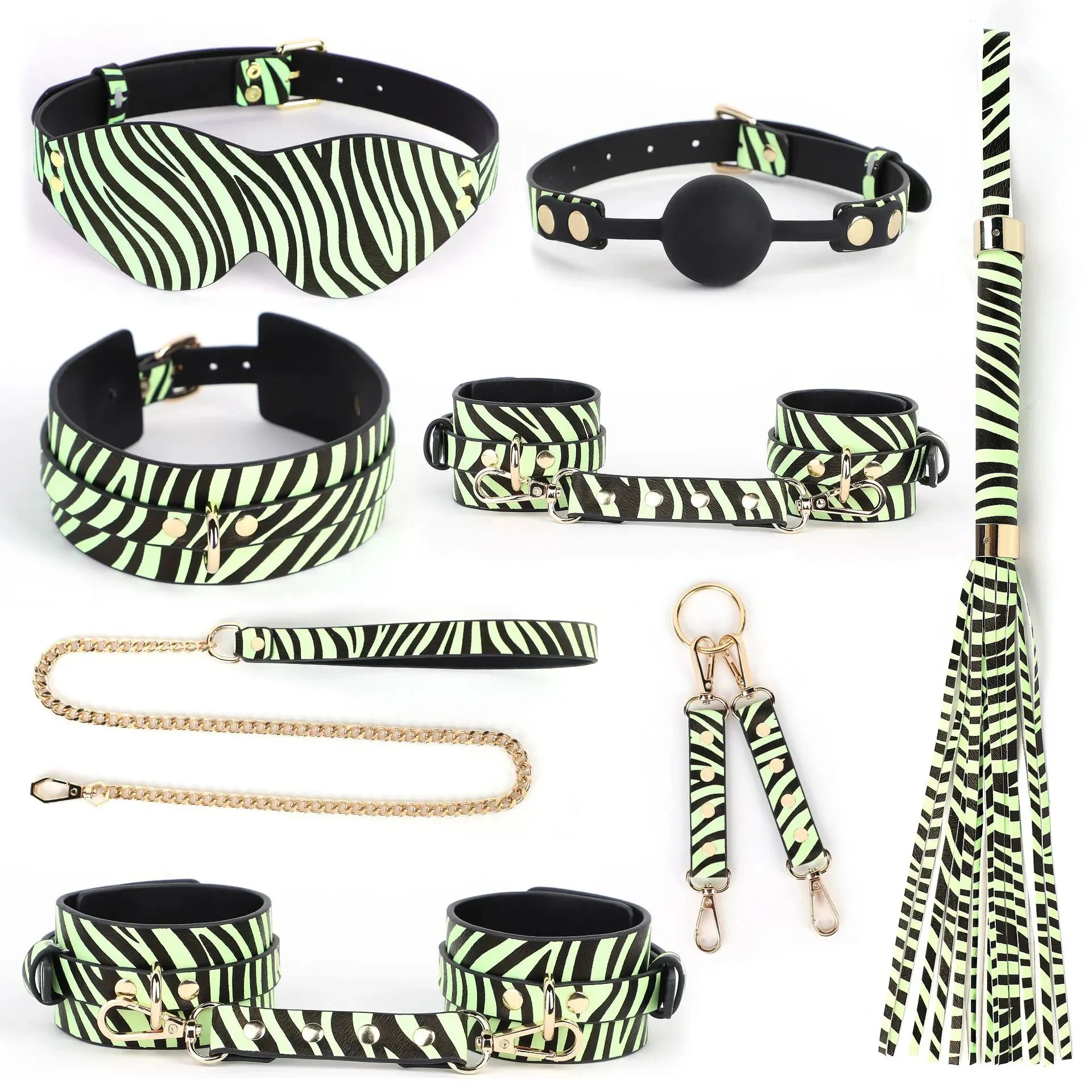 Restraints Collar Handcuffs Blindfold Leopard Glow in the Dark Bondage Kit Sex Toys 7PCS for Couples