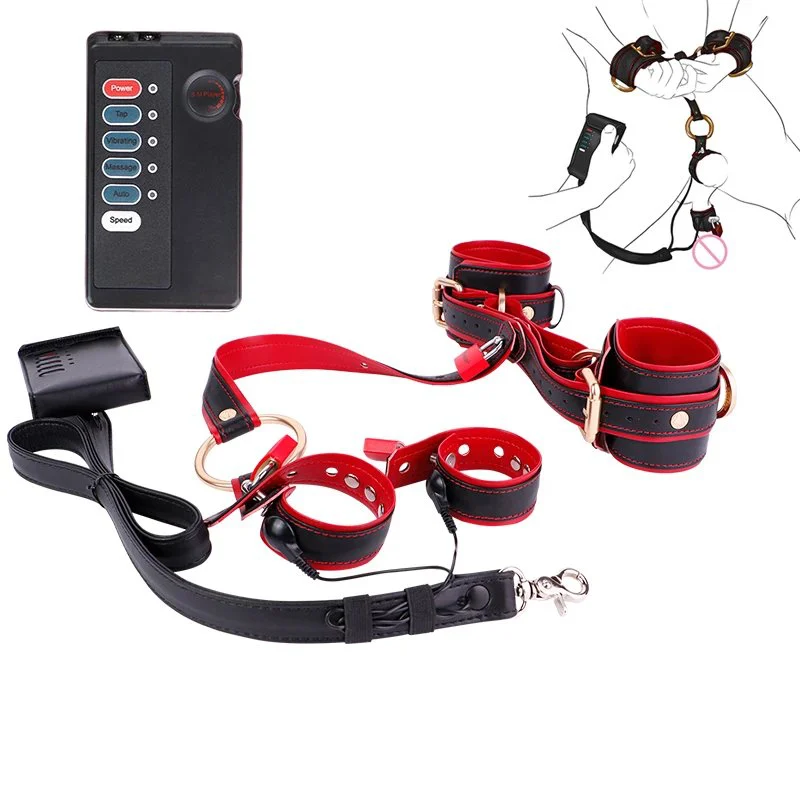 Electric Stimulation Leather Penis Bondage Sleeve Ring Cock Ring Electric Shock Bdsm Sex Toys for Men Masturbator