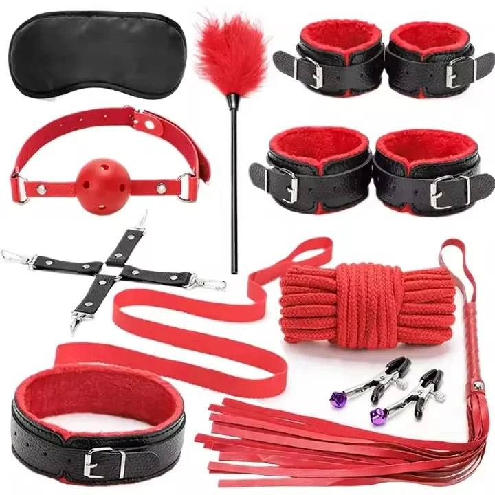 Erotic 10PCS Set of Couples Bondage Gear Handcuffs Whip Fetish Kit with Leather Restraints Exotic Accessories Sex Toys