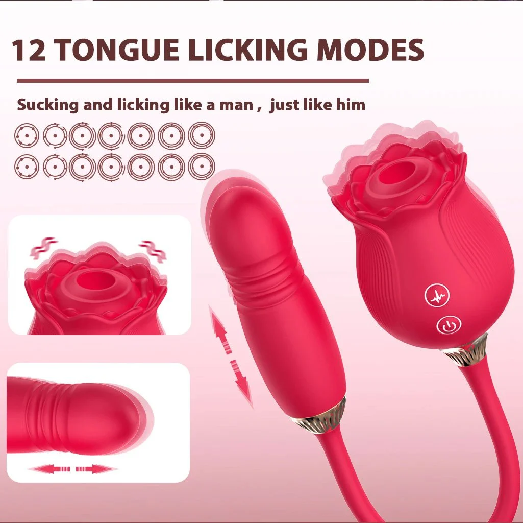 Rose Flower Shaped Silicone Dildo Vibrator Woman's Thrusting Tongue Extension Sex Toy with Clit Sucking Feature