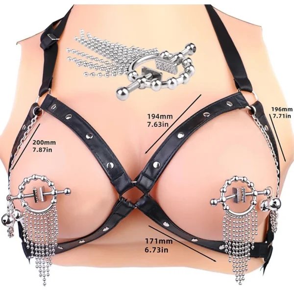 2 in 1 Bondage Set Weighted Nipple Clamps ,Nipple Clamps Harness Breast, Leather Cupless Bra Restraint Sex Toys Women