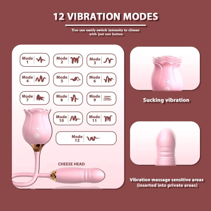 Rose Flower Shaped Silicone Dildo Vibrator Woman's Thrusting Tongue Extension Sex Toy with Clit Sucking Feature