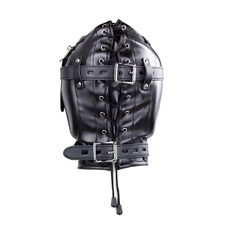 Adult Sex Game Full Head Mask Mouth Gag PU Leather Hood Fetish Slave Headgear Bondage