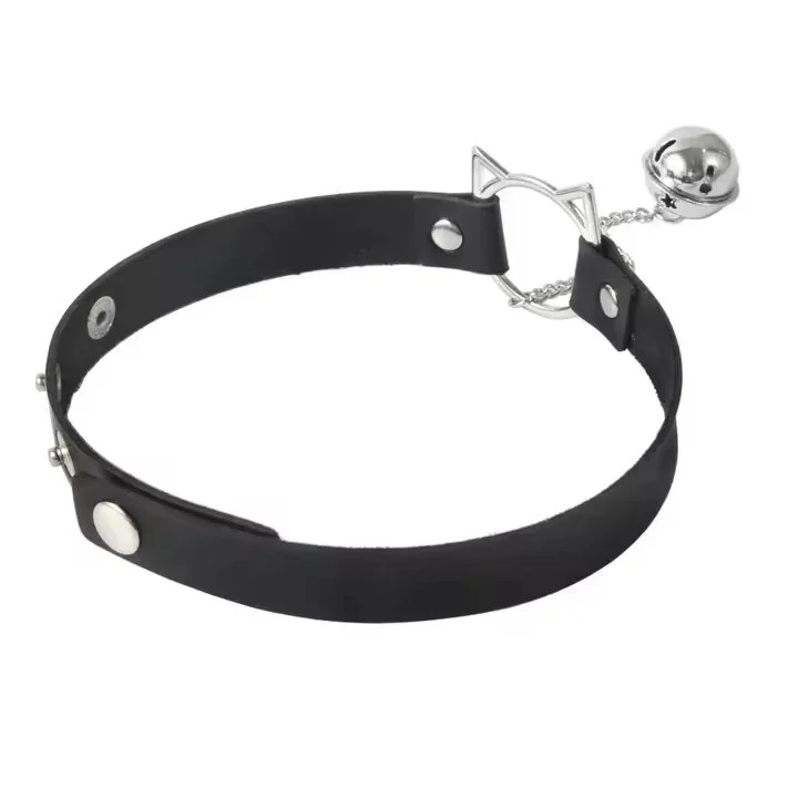 Hot Sexy Sm Bondage Fetish Cosplay Leather Metal Tassel Bell Pendant Hollow Cat Ear Rivet Necklace Choker