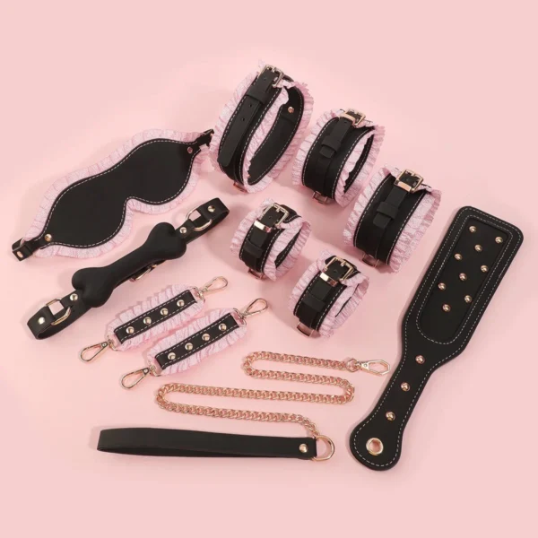 Black Pink Maid Style Bondage Set Romantic Flirting Kit for Adults Comfortable Handcuffs Restraint Prop Couple Play Toy