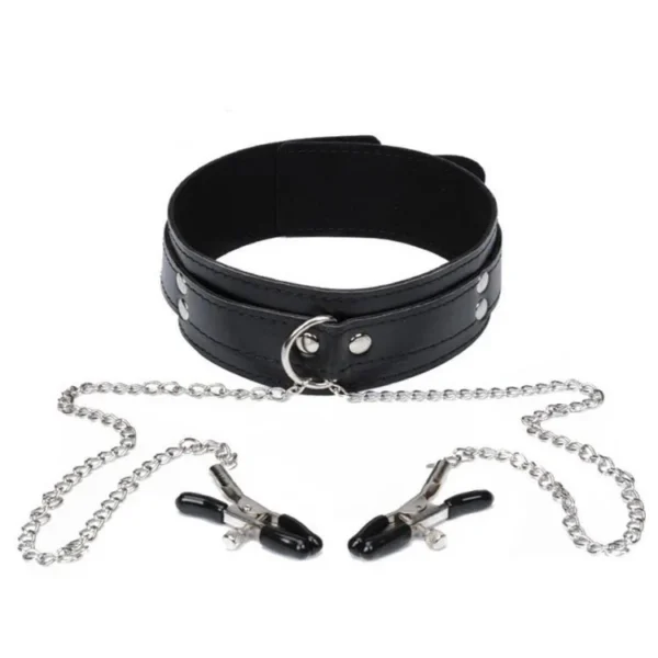 Bondage Neck Collar With Metal Chain Nipple Clamps Sex Toys