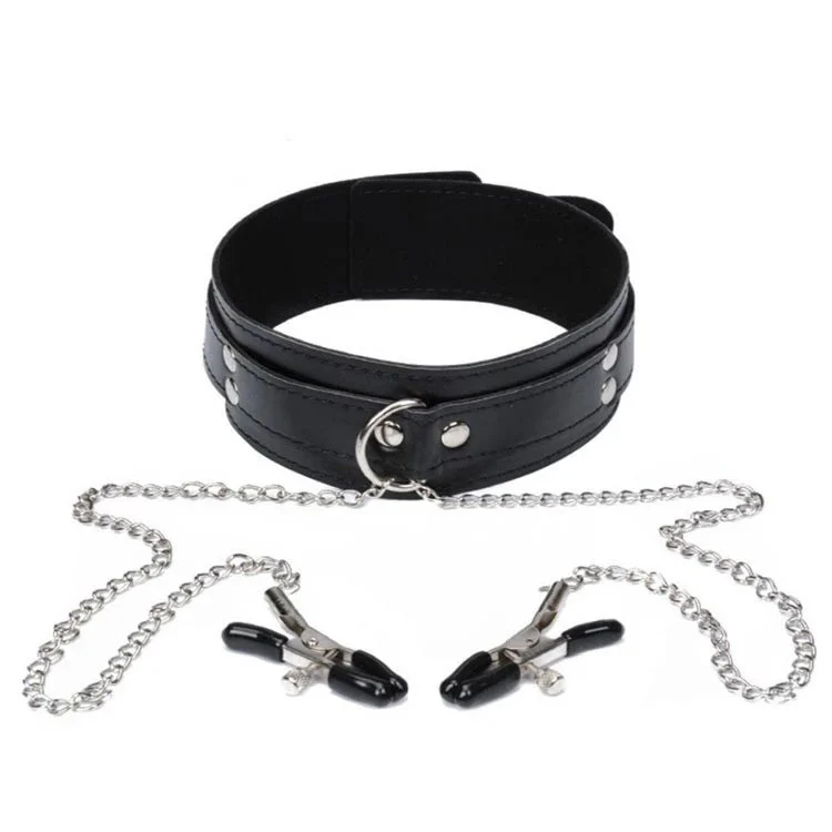 Bondage Neck Collar With Metal Chain Nipple Clamps Sex Toys