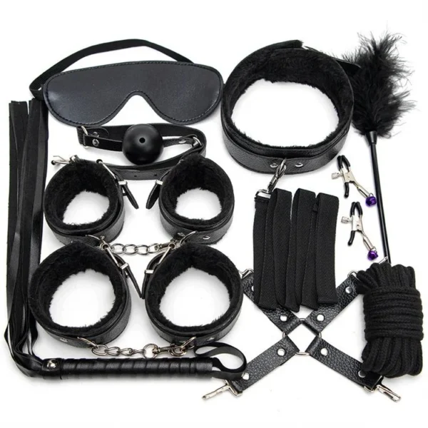 Ankle Wrist Cuff Eye Mask Blindfold Ball Gag Whip Feather Tickler PU Leather Bondage Set 10pcs Restraints Kit