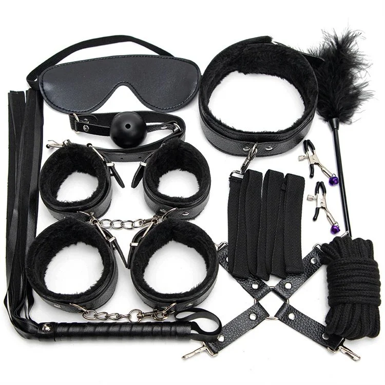 Ankle Wrist Cuff Eye Mask Blindfold Ball Gag Whip Feather Tickler PU Leather Bondage Set 10pcs Restraints Kit