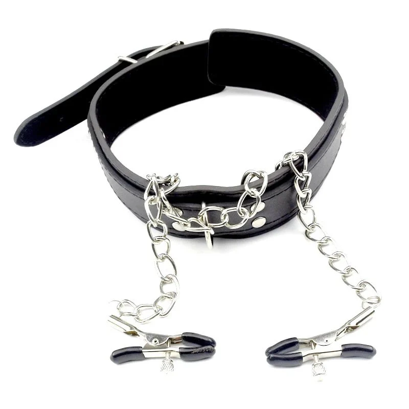 Bondage Neck Collar With Metal Chain Nipple Clamps Sex Toys