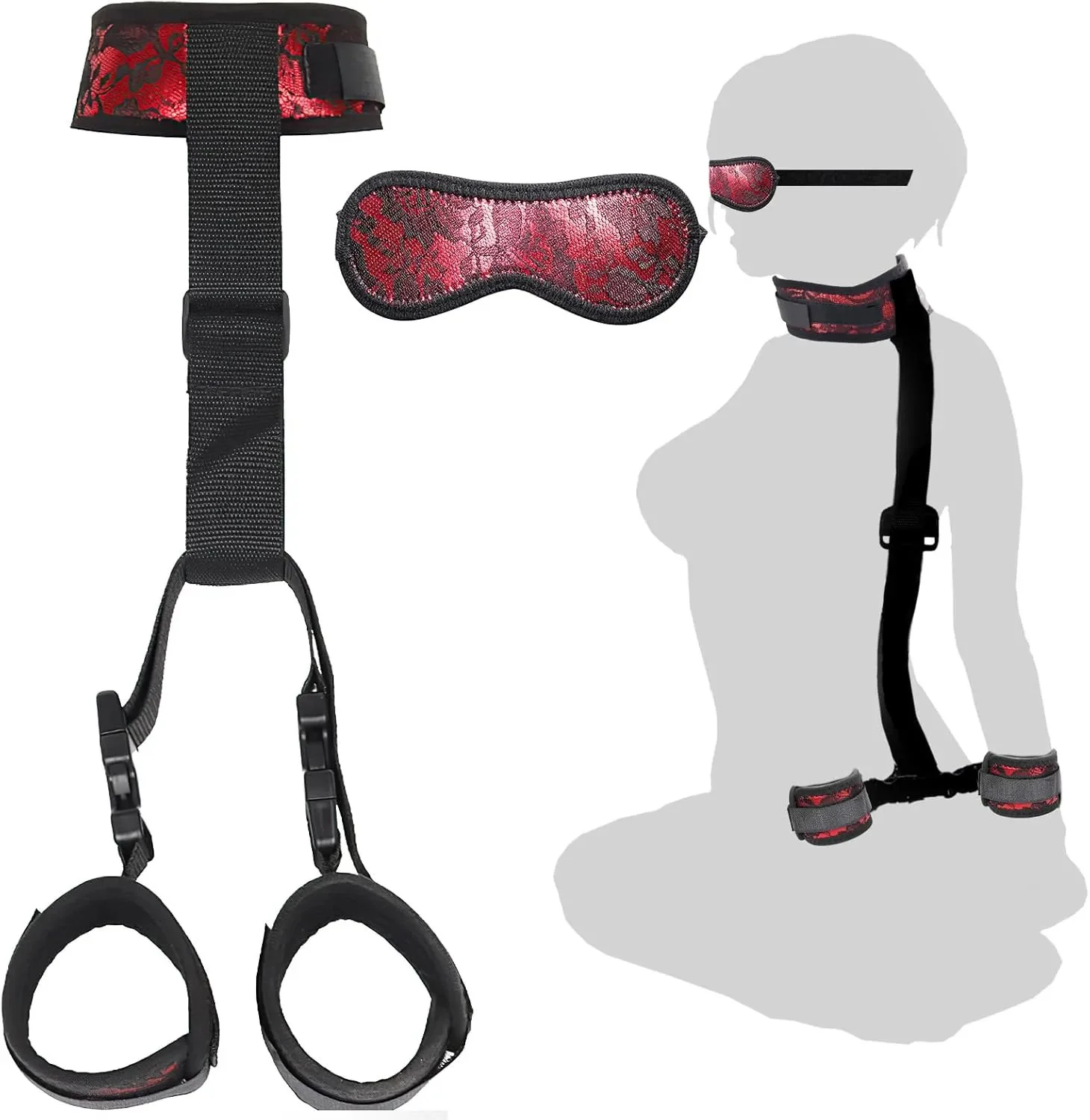 Waterproof Neck Wrist Restraints Bondage Set Back Handcuffs Collar Blindfold Adjustable Harness for Bed SM Games Play Sex