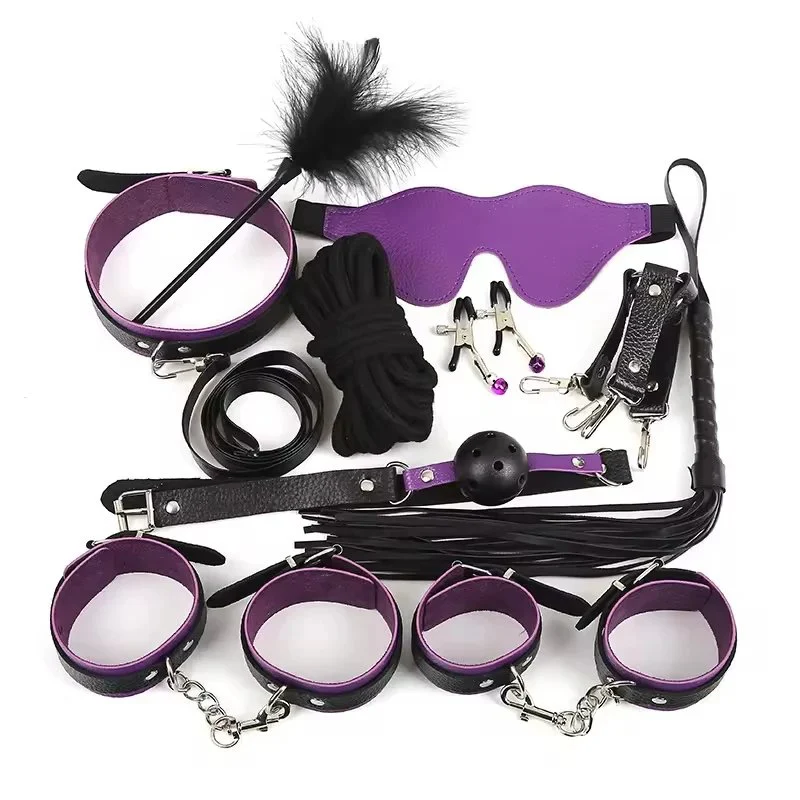 Erotic 10PCS Set of Couples Bondage Gear Handcuffs Whip Fetish Kit with Leather Restraints Exotic Accessories Sex Toys