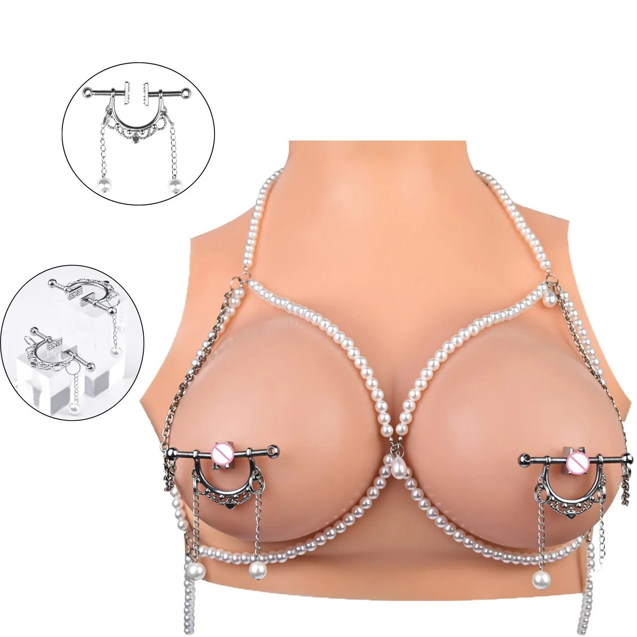 Circle Breast Ring Silver Nipple Clamps with Pearl Chain Erotic Matching Accessories for Women