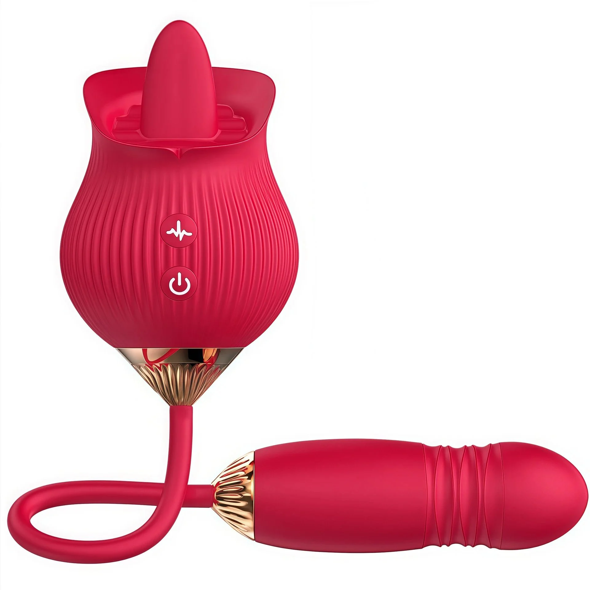 Rose Flower Shaped Silicone Dildo Vibrator Woman's Thrusting Tongue Extension Sex Toy with Clit Sucking Feature