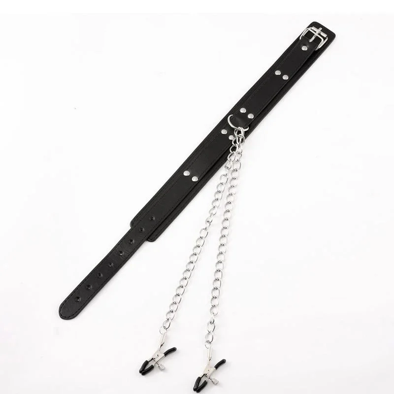 Bondage Neck Collar With Metal Chain Nipple Clamps Sex Toys